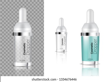 Mock up Realistic Transparent Dropper Bottle Cosmetic or Oil for Skincare Product Packaging With Metallic and Cap on white Background Illustration