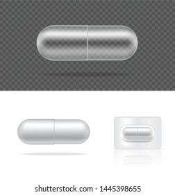 Mock Up Realistic Transparent Pill Medicine Capsule Panel On White Background Vector Illustration. Tablets Medical And Health Concept.