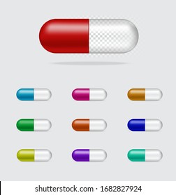 Erstellen Sie ein realistisches, transparentes Kapselpanel für Pillen auf weißem Hintergrund Vektorillustration. Konzept der medizinischen und medizinischen Versorgung.