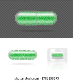 Mock up Realistic Transparent Pill Medicine Capsule Panel on White Background Vector Illustration. Tablets Medical and Health Concept.