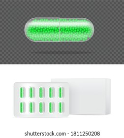 Mock up Realistic Transparent Pill Medicine Capsule Panel on White Background Vector Illustration. Tablets Medical and Health Concept.