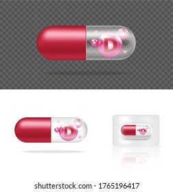 Mock up Realistic Transparent Pill Vitamin D Medicine Capsule Panel on White Background Vector Illustration. Tablets Medical and Healthcare Concept.