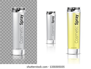 Mock up Realistic Transparent Spray Bottle Cosmetic or Oil for Skincare Product Packaging With Metallic and Cap on white Background Illustration