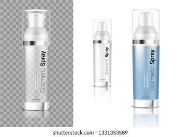 Mock up Realistic Transparent Spray Bottle Cosmetic or Oil for Skincare Product Packaging With Metallic and Cap on white Background Illustration