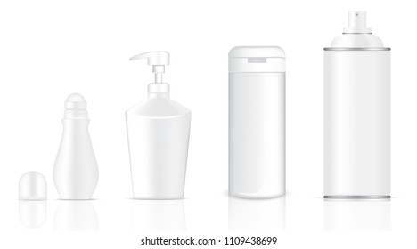 Mock up Realistic White Cosmetic Gel Soap, Skincare Lotion, Shampoo, Deodorant and Spray Bottles Product Set on White Background Illustration