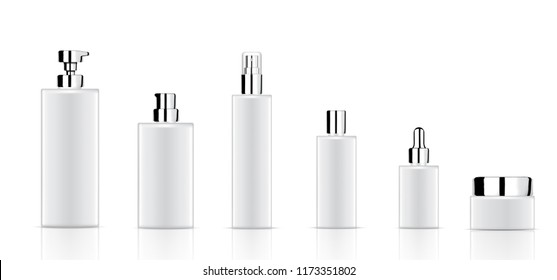 Mock up Realistic White Cosmetic Soap, Shampoo, Cream, Oil Dropper and Spray Bottles Set for Skincare Product with Metallic Cap on white Background Illustration