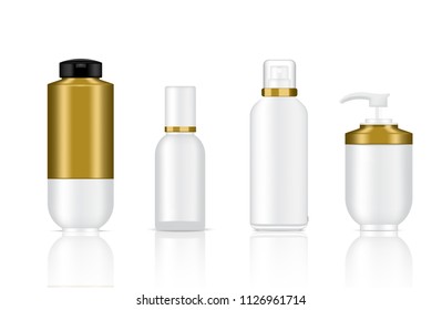 Mock up Realistic White and Gold Cosmetic Soap, Shampoo and Spray Luxury Bottles Set Background Illustration