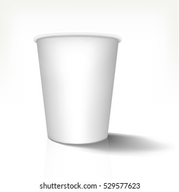 Mock up of realistic white paper cup in front view. Fully editable handmade mesh, 3d design. Vector illustration used for advertising different drinks.