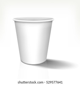 Mock up of realistic white paper cup in front view. Fully editable handmade mesh, 3d design. Vector illustration used for advertising different drinks.