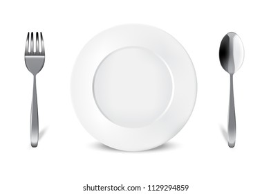 Mock up Realistic White Plate or Dish, Metal Spoon and Fork on Dining Table for food isolated Background.