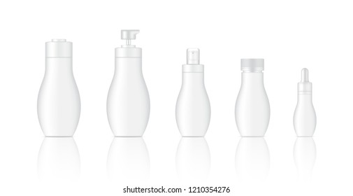 Mock up Realistic White Spray, Dropper, Pump Cosmetic Bottles Set For Soap, Shampoo or Lotion Background Illustration