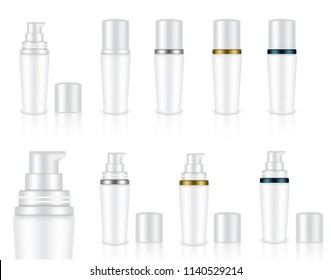 Mock up Realistic White,Gold, Metal And Blue Cosmetic Soap Gel Bottles Set Background Illustration