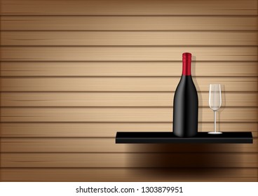 Mock up Realistic Wine Bottle and Glass  on Abstract Wood Background Illustration Vector