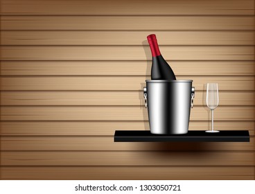 Mock up Realistic Wine Bottle, Ice Bucket and Glass  on Abstract Wood Background Illustration Vector