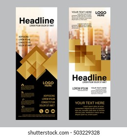 Mock up Roll up design. flag, flyer,banner,backdrop,layout template,exhibition stand, vector illustration background. gold geometric graphic.
