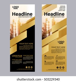 Mock Up Roll Up Design. Flag, Flyer,banner,backdrop,layout Template,exhibition Stand, Vector Illustration Background. Gold Geometric Graphic.