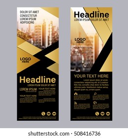 Mock up Roll up design. flag, flyer,banner,backdrop,layout template,exhibition stand, vector illustration background. gold geometric graphic.
