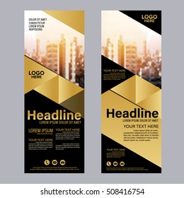 Mock up Roll up design. flag, flyer,banner,backdrop,layout template,exhibition stand, vector illustration background. gold geometric graphic.