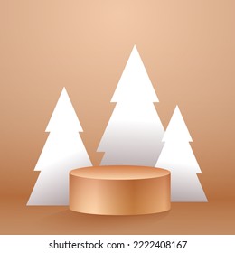 Mock up scene with podium for cosmetic and product display. Holidays background with Christmas trees. Stage pedestal or platform. Vector illustration