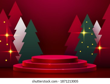 
Escena de burla. Forma de podio para mostrar el producto cosmético. pedestal o plataforma. Invierno Navidad de fondo rojo con navidad de árbol. Ilustración del vector