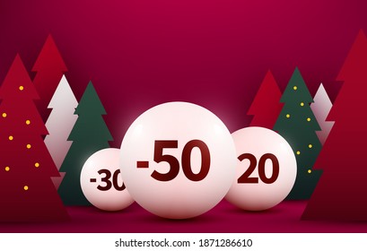 Mock up scene. Podium shape for show discount sale. stage pedestal or platform. Winter Christmas red background with tree xmas. Vector illustration