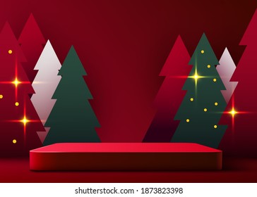 Mock up scene. Podium shape for show cosmetic product display. stage pedestal or platform. Winter Christmas red background with tree xmas. Vector illustration