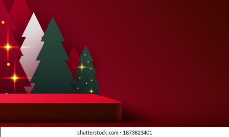 Mock up scene. Podium shape for show cosmetic product display. stage pedestal or platform. Winter Christmas red background with tree xmas. Vector illustration