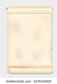 Mock up of the scroll of ancient birch bark, papyrus, paper, ancient book, fossil document on a transparent background. Vector illustration.