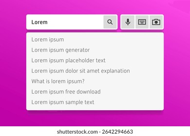 Mock search interface with a sleek pink gradient, showing typed word “Lorem” and a vertical list of trending autocomplete queries beneath dynamic input icons.