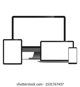 Mock up set of Desktop Computer, Laptop, Tablet and Smartphone realistic style mockup device set icons for user interface applications and responsive web design with a blank screen. Vector