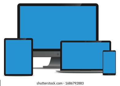 Mock up set of Desktop Computer, Laptop, Tablet and Smartphone realistic style mockup device set icons for user interface applications and responsive web design with a blue screen. Vector illustration