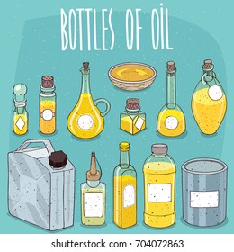 Mock up set of different transparent containers of oil or yellow liquid, with white sticker labels for text or image. Hand drawn style with grunge texture. Vector illustration