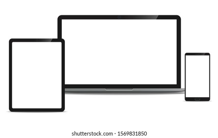 Mock up set of Laptop computer, Tablet and Smartphone realistic style mockup device set icons for user interface applications and responsive web design with a blank screen. Vector illustration