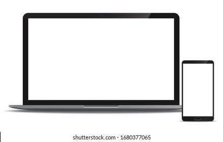 Mock up set Laptop and Smartphone realistic style mockup device set front view icons for user interface applications and responsive web design with a blank screen. Vector illustration