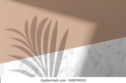 Mock up with shadow palm leaf on marble background. Layout with overlay a palm branch shadow. Natural lighting overlays shadow on top. Scene of shadows from the window the tropic leaf and window frame