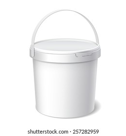 Mock up Small White plastic bucket with White lid. Product Packaging For food, foodstuff or paints, adhesives, sealants, primers, putty. Vector illustration