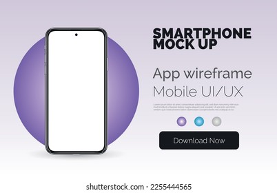 Mock up smart phone with white copyspace for infographics or UI design. Realistic 3d cell phone vector template. Smartphone frame presentation with blank screen.