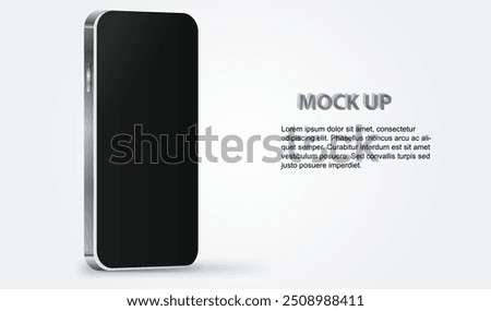 Mock up smartphone with black screen. Phone view black mockup. Silver cellphone mobile isolated with blank screen background for display your ux design, site, presentation and promo.