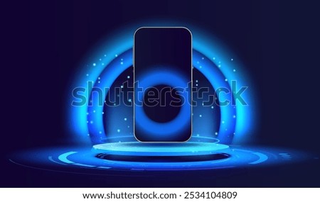 Mock up smartphone front view on podium with modern blue circle screen. Technology game phone, exclusive screen, futuristic neon platform. Isolated mobile object background. Ai app vector concept.