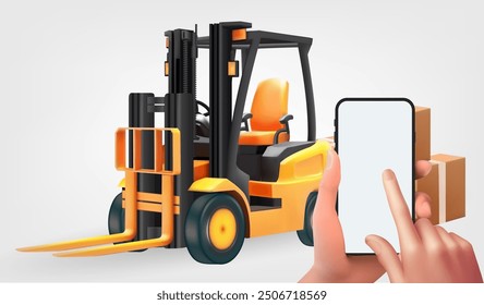 Mock up of a smartphone in a man's hand ,work vacancy promo posters, hiring announcement forklift