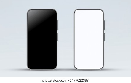 Mock up smartphones with white and black screen. Phone front view mockup. Silver cellphone mobile isolated with blank screen background for display your ux design, site, presentation and promo.
