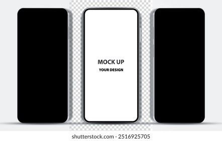 Mock up smartphones with white and black screen. Phone front view mockup on gray and transparent background. Mobile isolated with blank screen for display your ux design, site, presentation, promo.
