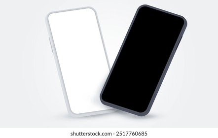 Mock up smartphones with white and black screen. Phone front view mockup on gray background. Mobile isolated with blank screen for display your ux,ui design, site, presentation, promo.