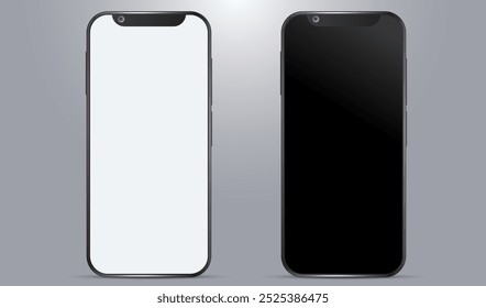 Mock up smartphones with white and black screen. Phone front view mockup on gray vector background. Mobile isolated with blank screen for display your ux,ui design, site, presentation, promo.