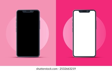 Mock up smartphones with white and black screen. Phone front view mockup on modern pink vector background. Mobile isolated with blank screen for display your ux,ui design, site, presentation.