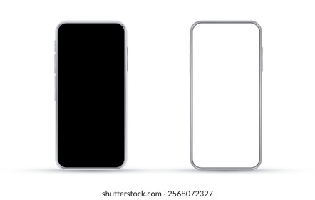 Mock up smartphones with white and black screen. Phone front view mockup on white vector background. Isolated cellphone with blank screen for display your ux,ui design, site, presentation, promo.