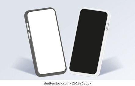 Mock up smartphones with white and black screen. Phone front view mockup on white vector background. Isolated cellphone with blank screen for display your ux,ui design, site, presentation, promo.