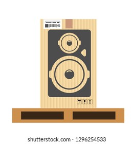 Mock up of speaker in carton box. Moving and delivery services. Vector illustration