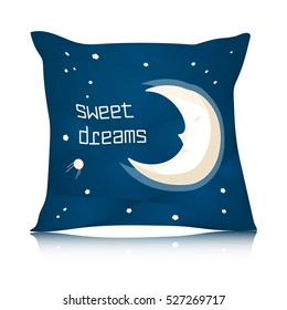 Mock up of square pillow with cartoon sleeping moon. Vector illustration