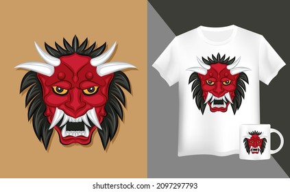 mock up t shirt with Vector illustration of Hannya the traditional japanese demon Oni mask red